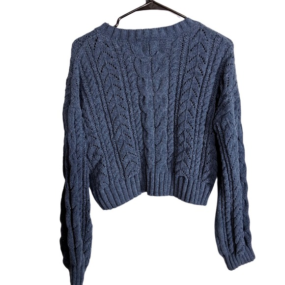 Pink Rose Blue Cable Knit Cropped Sweater Long Sleeve Crew Neck Large PF2S24915 - Picture 4 of 6